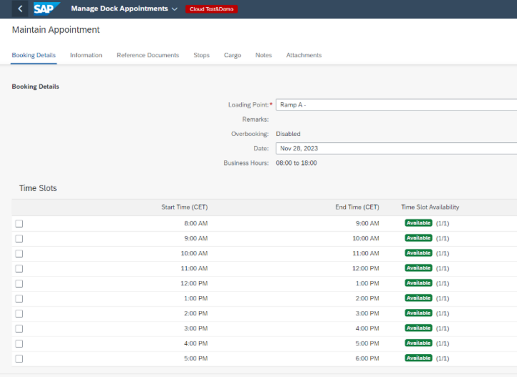 Fig 3 Overview of available time slots for dock appointment